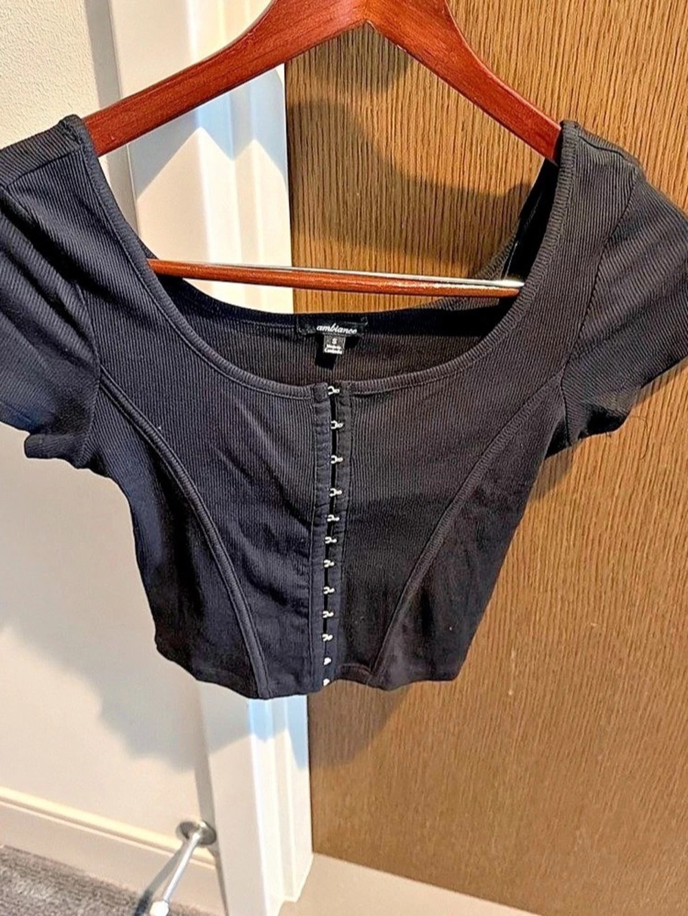 Ambiance Hook and Eye Short Sleeve Crop Top Black